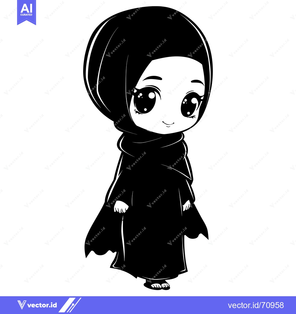 Premium Vector dari Black and White Illustration of a Young Woman Wearing a Hijab