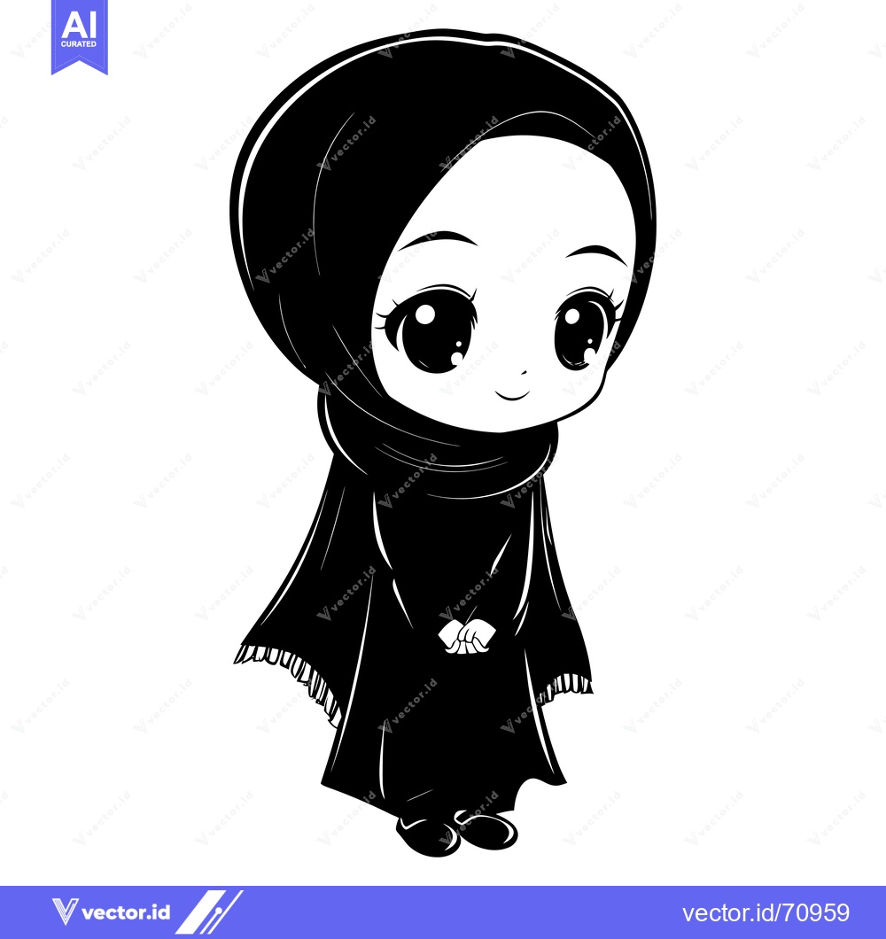 Premium Vector of Black and White Illustration of a Young Woman Wearing a Hijab