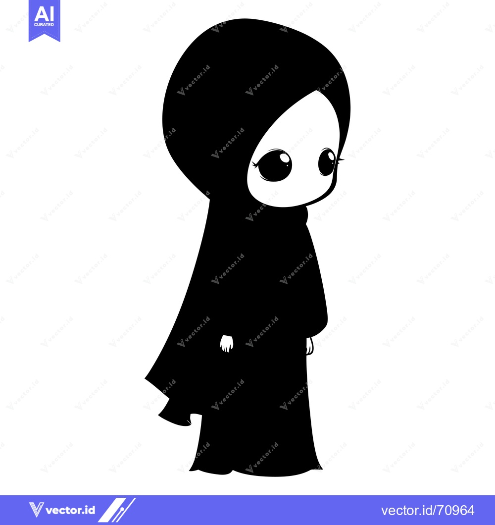 Premium Vector of A Black and White Illustration of a Cartoon Girl Wearing a Hijab