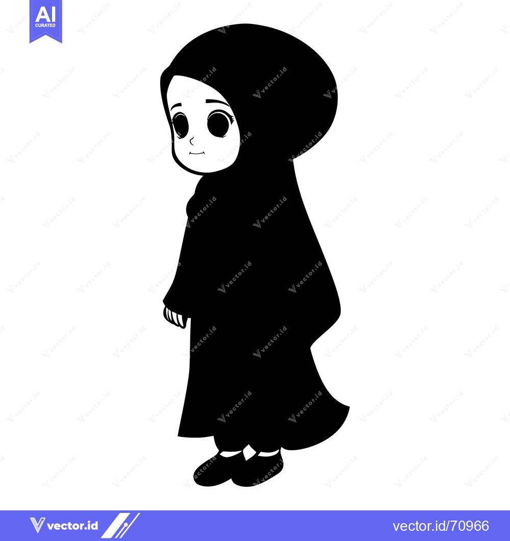 Premium Vector of Black and White Cartoon Illustration of a Young Girl Wearing a Hijab