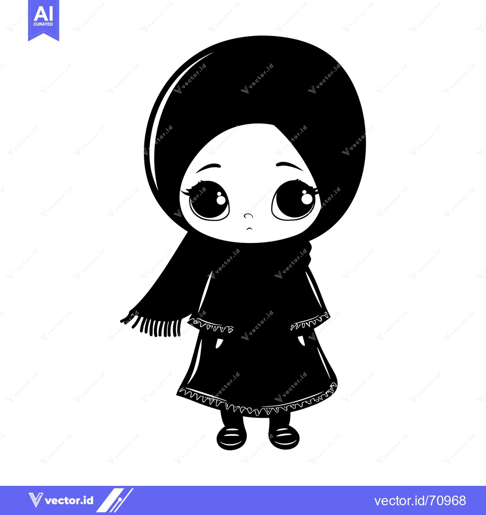 Premium Vector of Black and White Illustration of a Young Girl Wearing a Hijab
