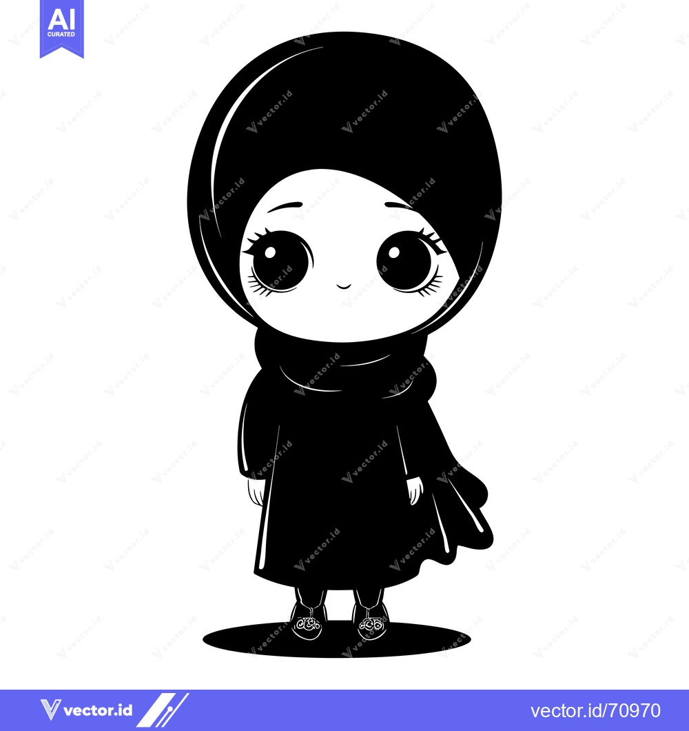 Premium Vector of A black and white cartoon illustration of a young girl wearing a hijab