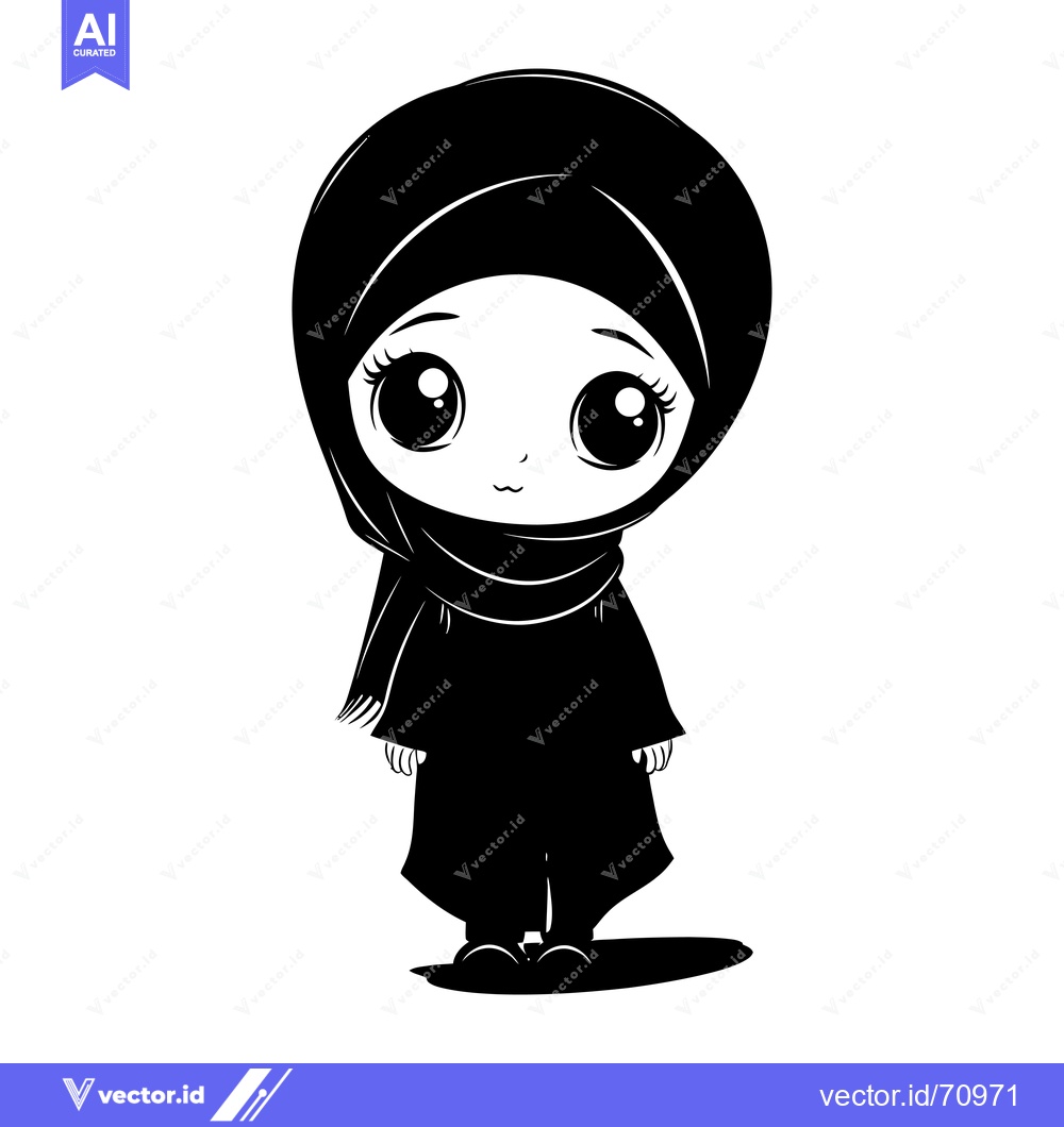 Premium Vector of Black and White Cartoon Illustration of a Young Girl Wearing a Hijab