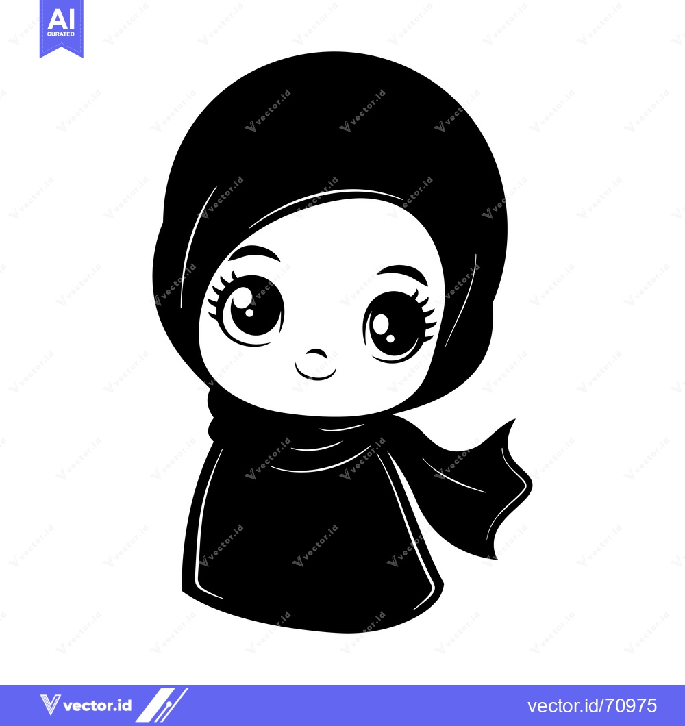 Premium Vector of Black and White Illustration of a Young Girl Wearing a Hijab