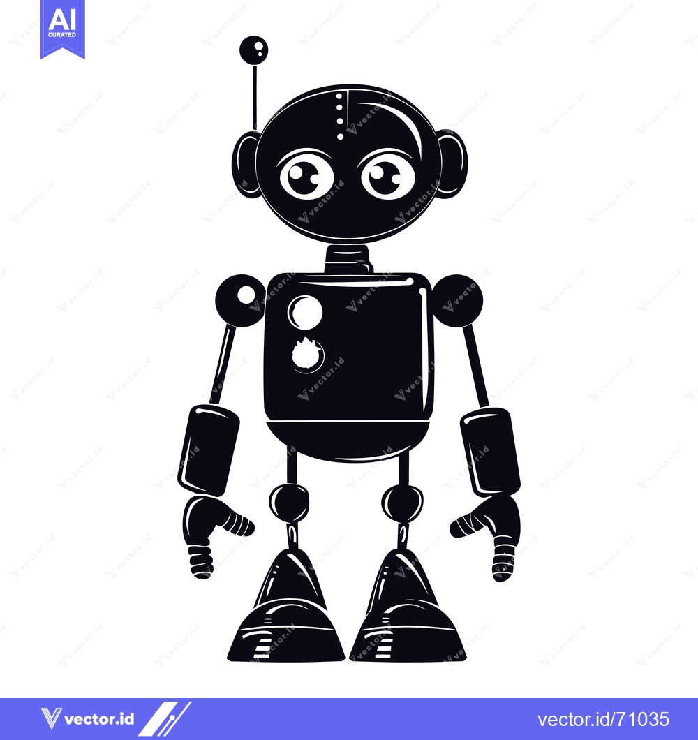 Premium Vector of Black and White Illustration of a Standing Robot