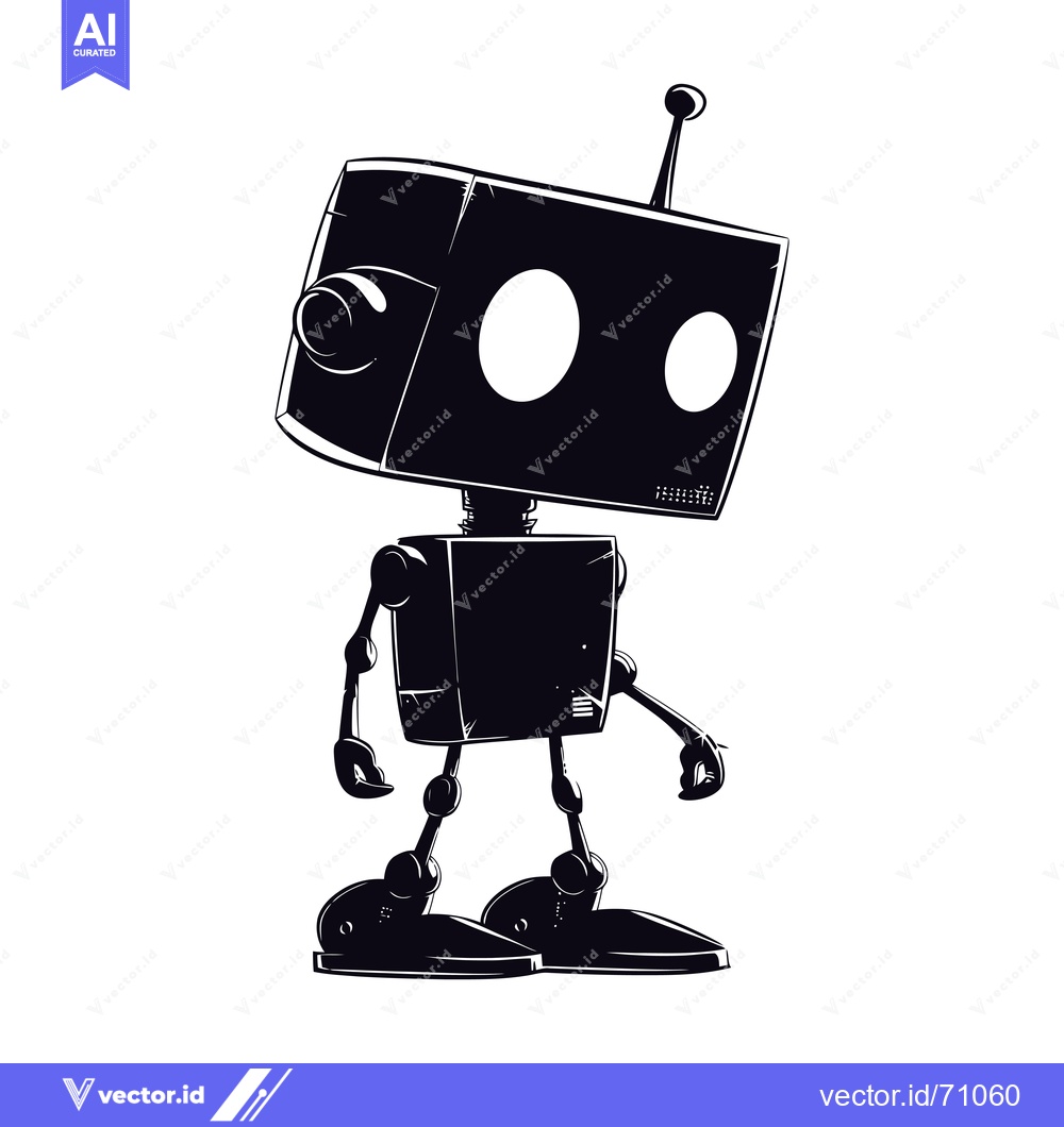 Premium Vector dari Black and White Cartoon Silhouette of a Robot Walking