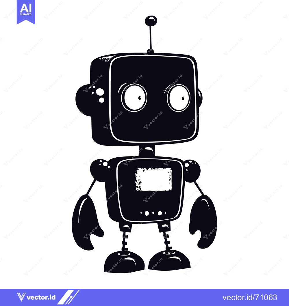 Premium Vector of Black and White Cartoon Robot with Big Eyes and Antenna