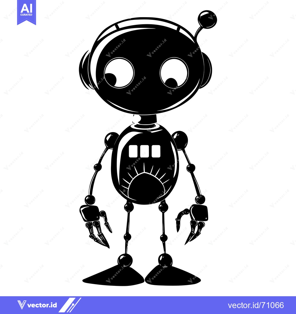 Premium Vector dari Black and White Cartoon Robot with Big Eyes