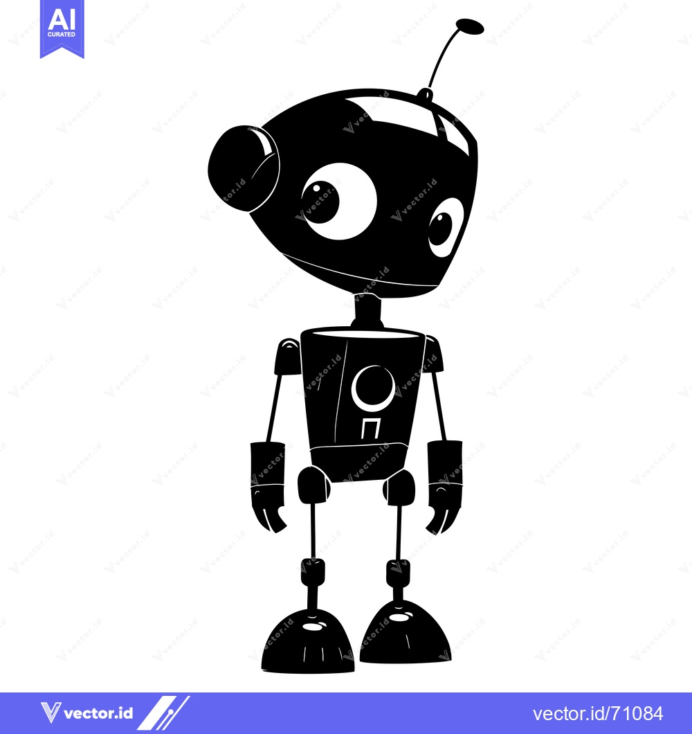 Premium Vector of Black and White Silhouette of a Cartoon Robot with Big Eyes