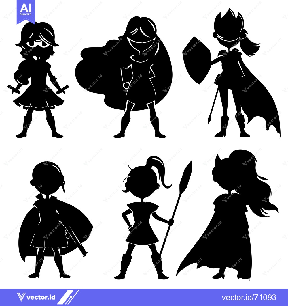 Premium Vector dari Six Silhouettes of Female Characters in Superhero Poses