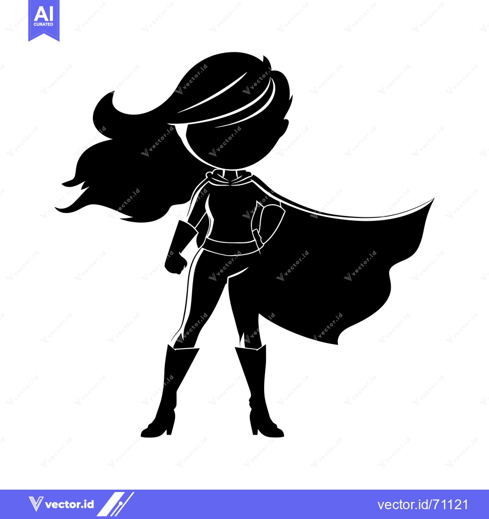 Premium Vector dari Silhouette of a female superhero with flowing hair and a cape.