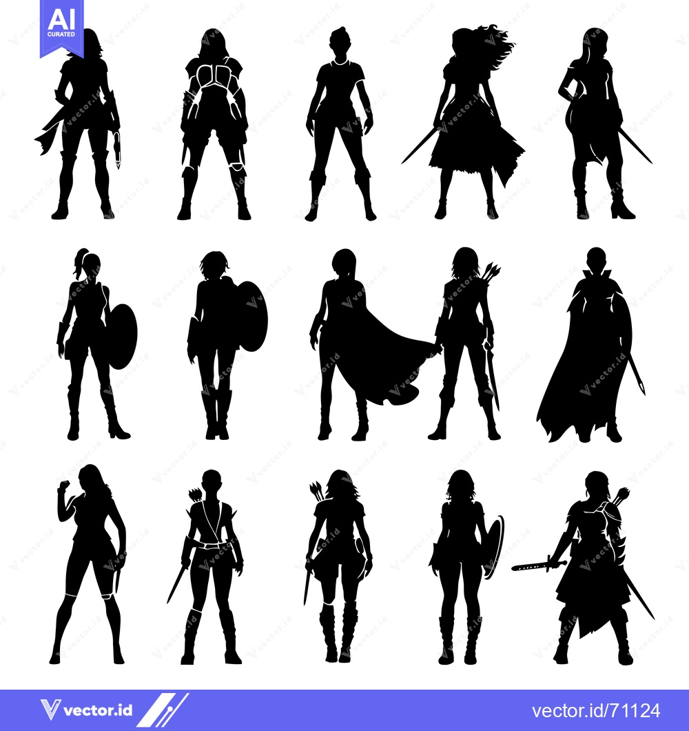 Premium Vector of A Collection of Silhouettes of Female Warriors in Various Poses