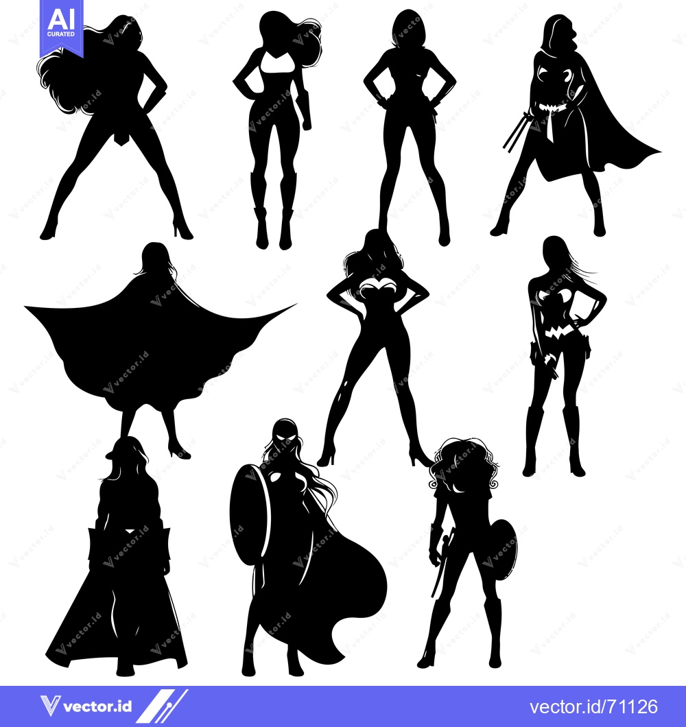Premium Vector of Nine Silhouettes of Female Superheroes in Various Poses