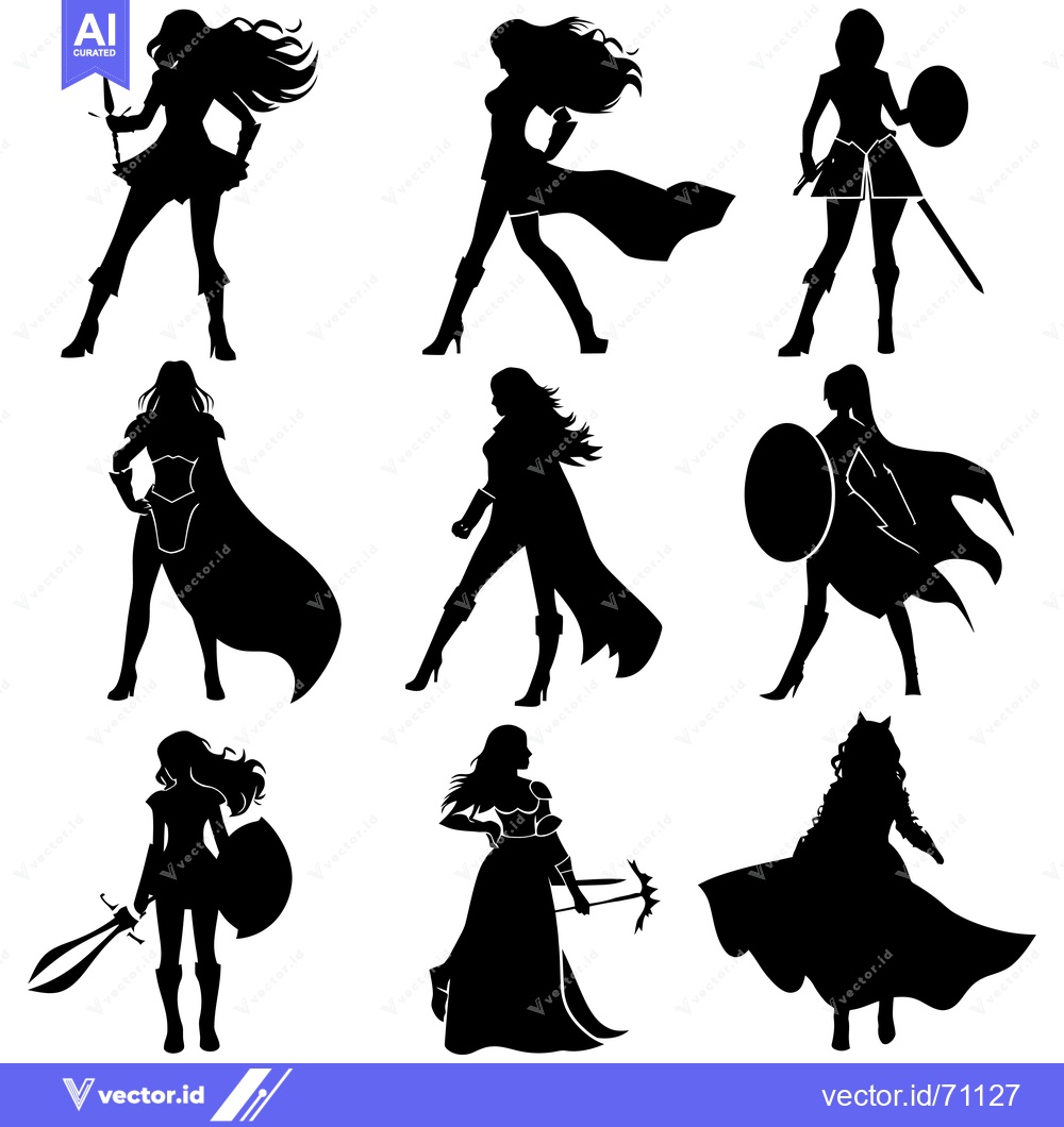 Premium Vector of Nine Silhouettes of Female Warriors with Weapons and Shields