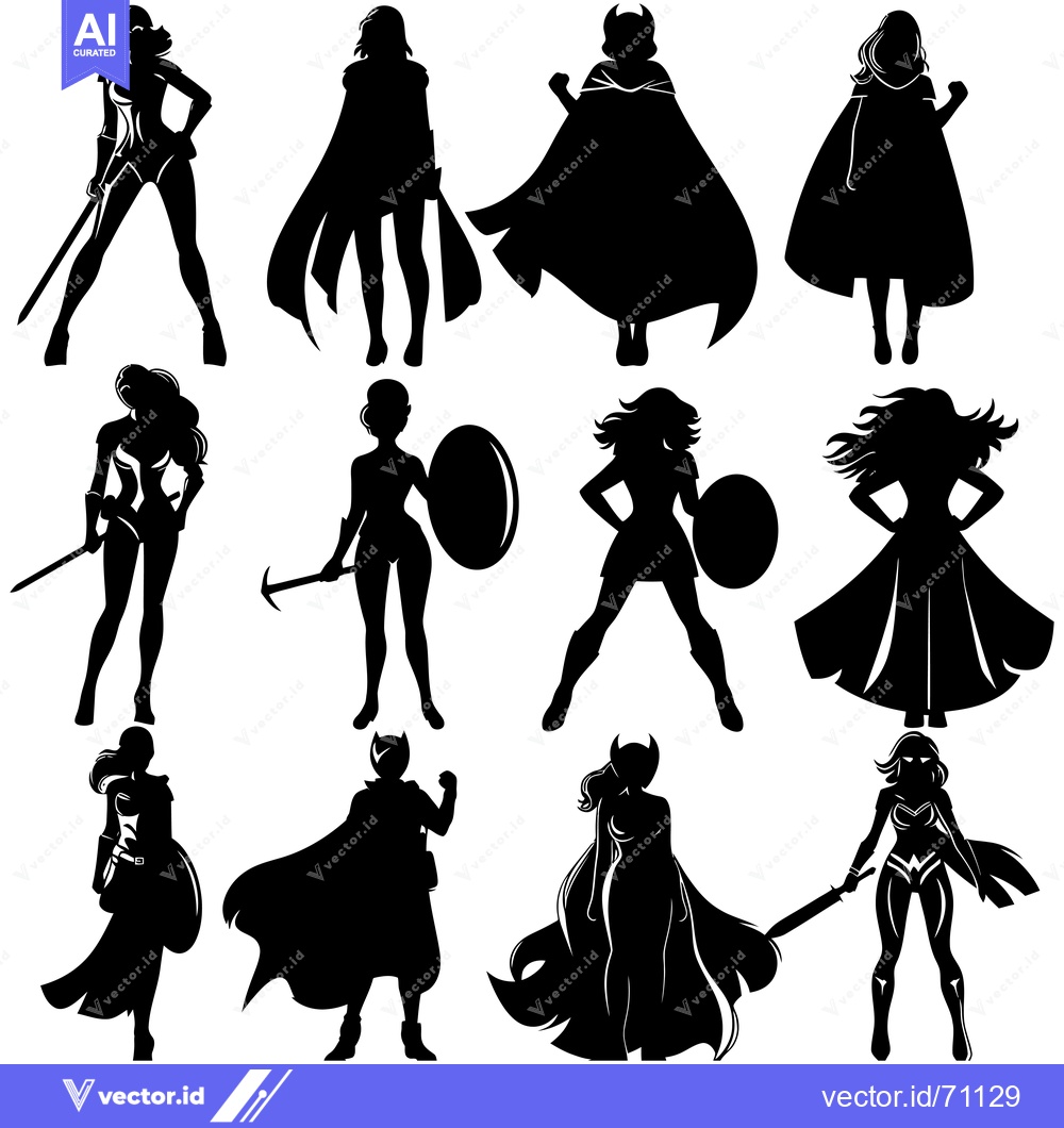Premium Vector dari A Collection of Silhouette Images Featuring Female Superheroes in Vari