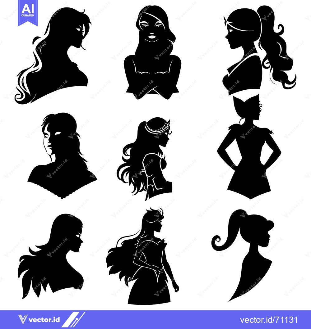 Premium Vector dari Nine Black Silhouettes of Women with Varying Hairstyles and Poses