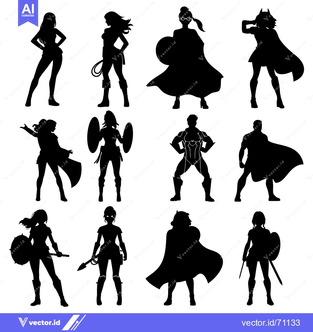 Premium Vector dari Silhouettes of Superheroes and Supervillains Posing in Various Actions