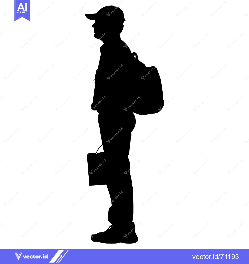 Premium Vector of Silhouette of a person wearing a cap, holding a box and carrying a bac