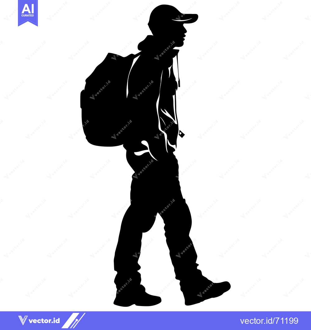 Premium Vector dari Silhouette of a man wearing a cap and a backpack walking