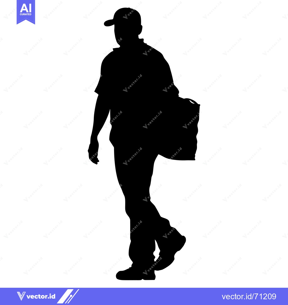 Premium Vector dari Silhouette of a Man in a Cap Carrying a Large Bag
