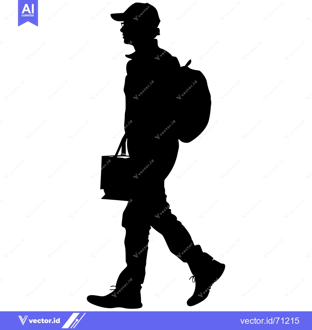 Premium Vector dari Silhouette of a Person Walking with a Backpack and a Bag
