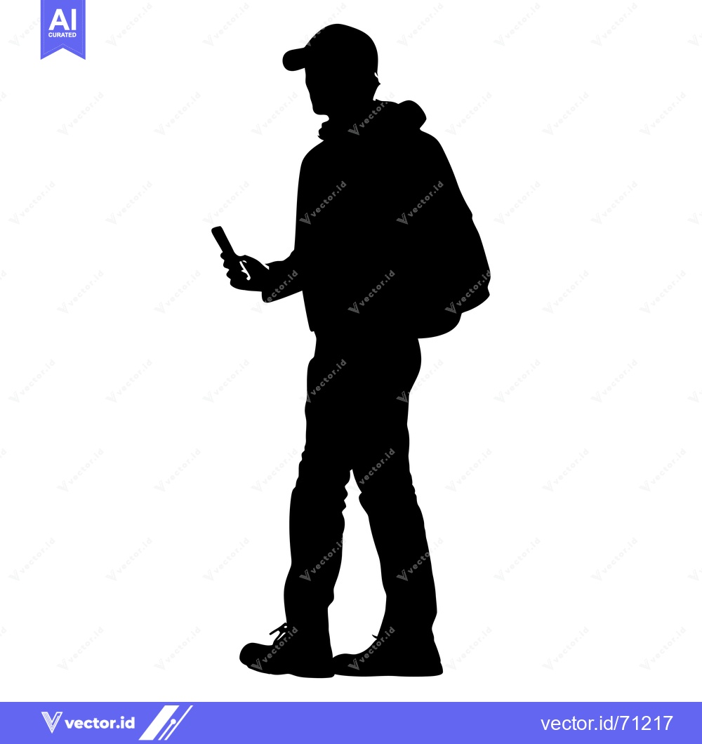 Premium Vector dari Silhouette of a Man Wearing a Cap and Backpack, Holding a Phone