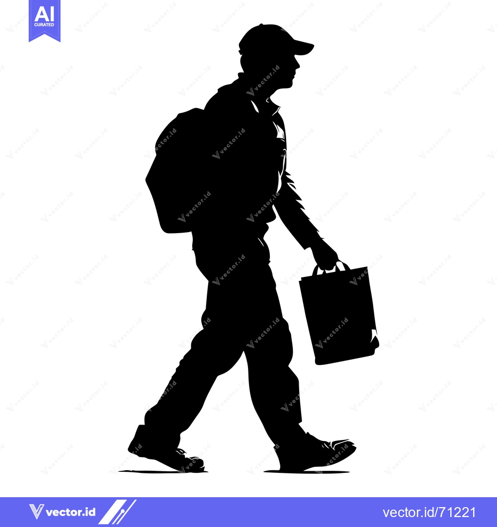 Premium Vector dari Silhouette of a Man Walking with a Backpack and Shopping Bag
