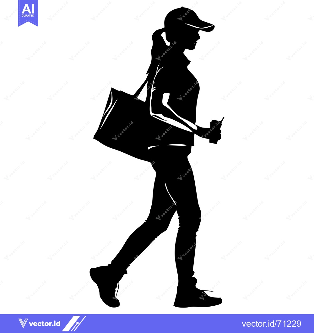 Premium Vector dari Silhouette of a Woman Walking with a Bag and a Drink