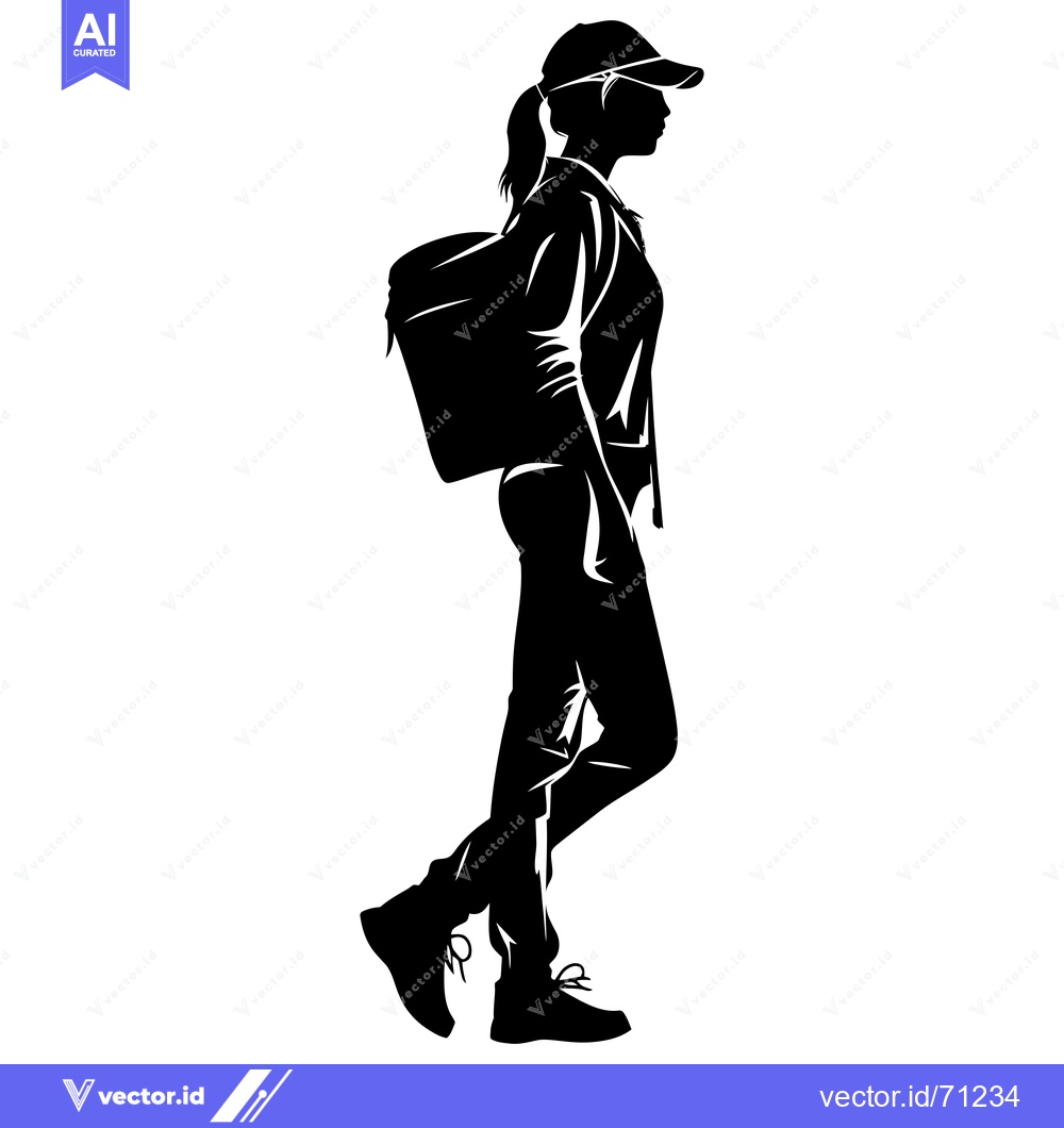 Premium Vector dari Silhouette of a Young Woman Walking with a Backpack