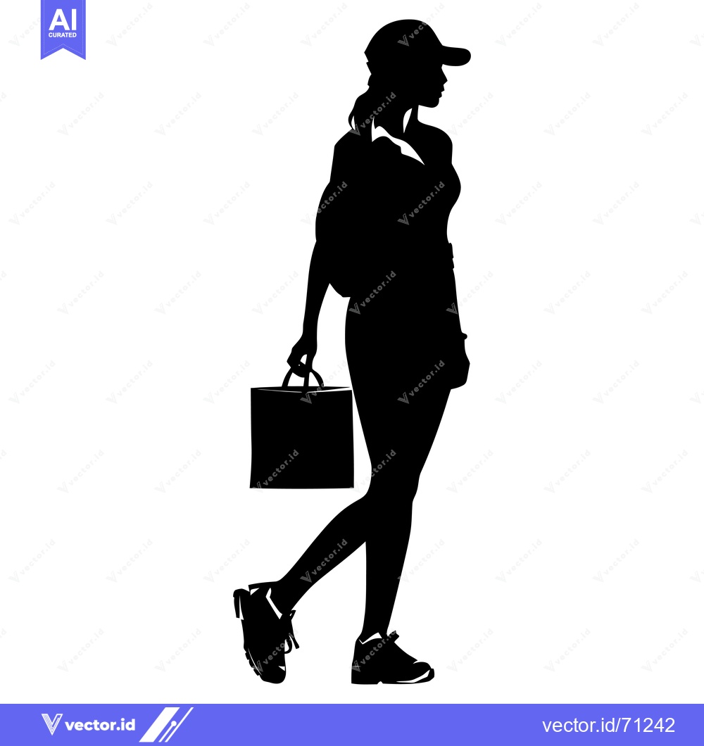 Premium Vector dari Silhouette of a Woman with a Backpack and Shopping Bag Walking