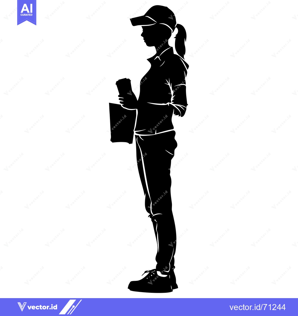 Premium Vector dari Silhouette of a woman in a cap holding a bag and a drink
