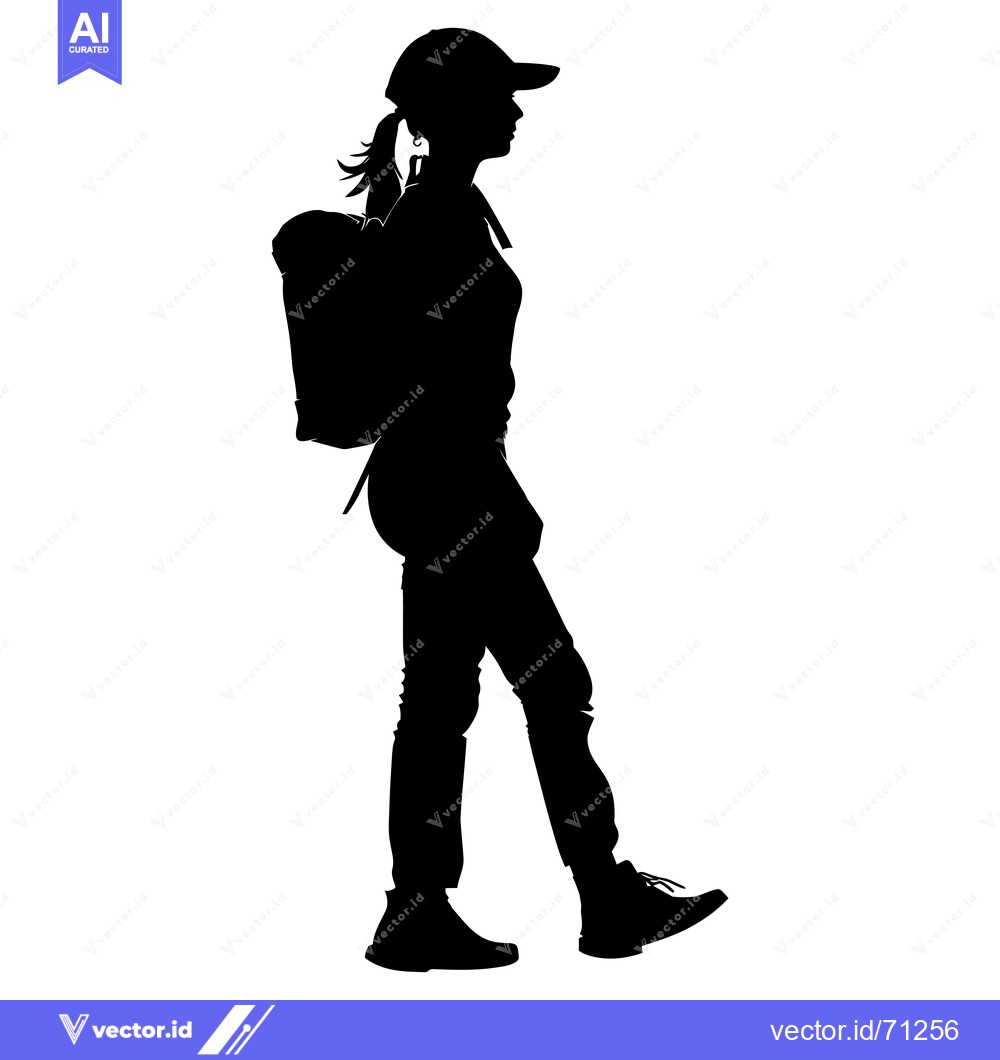 Premium Vector dari Silhouette of a Woman Wearing a Backpack and a Cap, Walking Forward