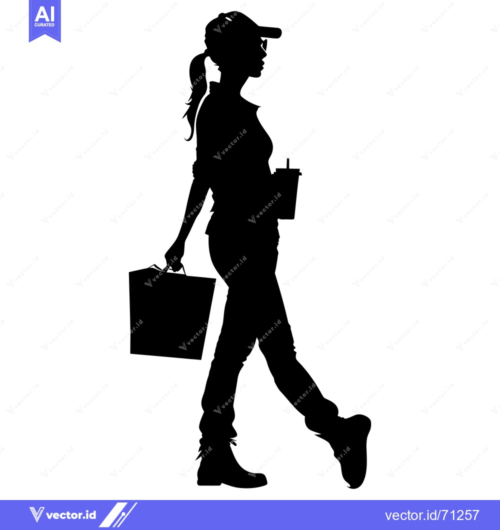 Premium Vector dari Silhouette of a Woman Walking with a Bag and Drink