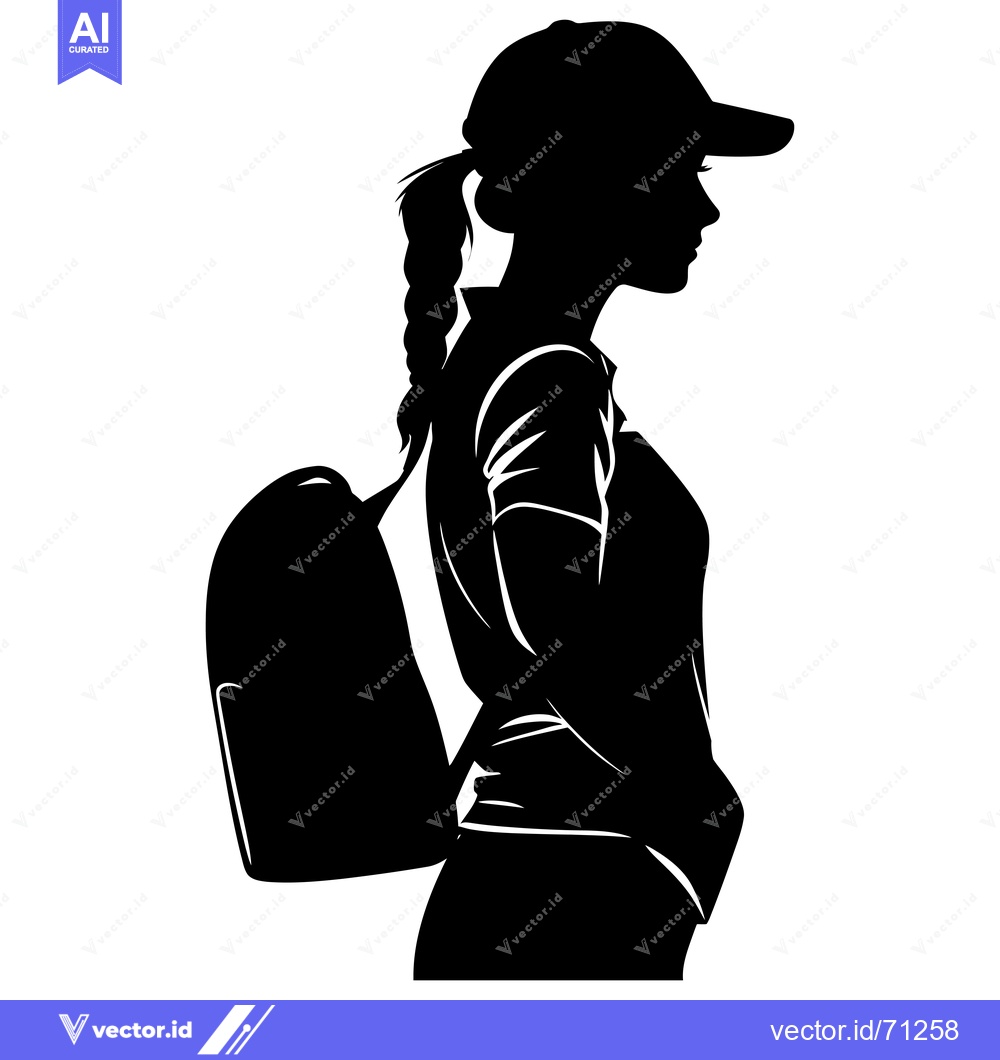 Premium Vector dari Silhouette of a Woman with a Backpack and a Hat