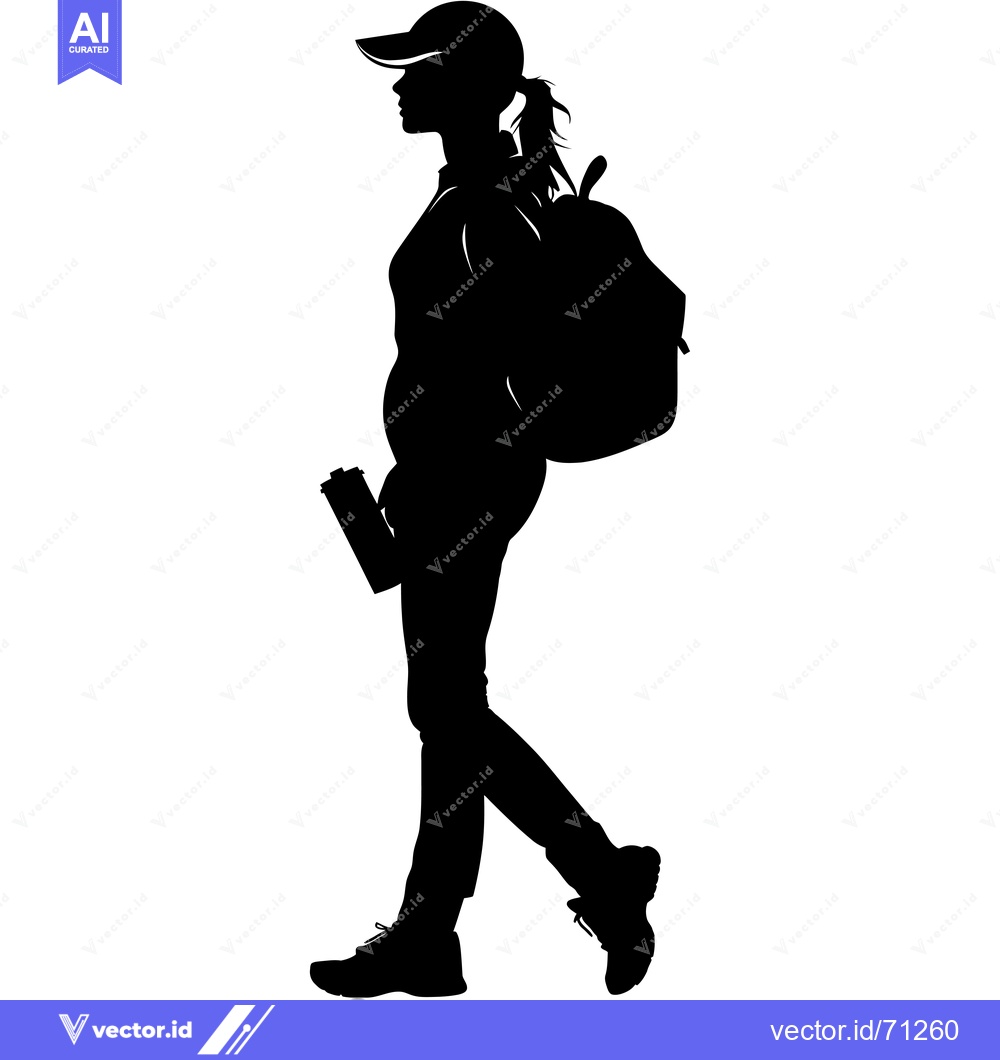 Premium Vector dari Silhouette of a Woman Walking with a Backpack and Water Bottle