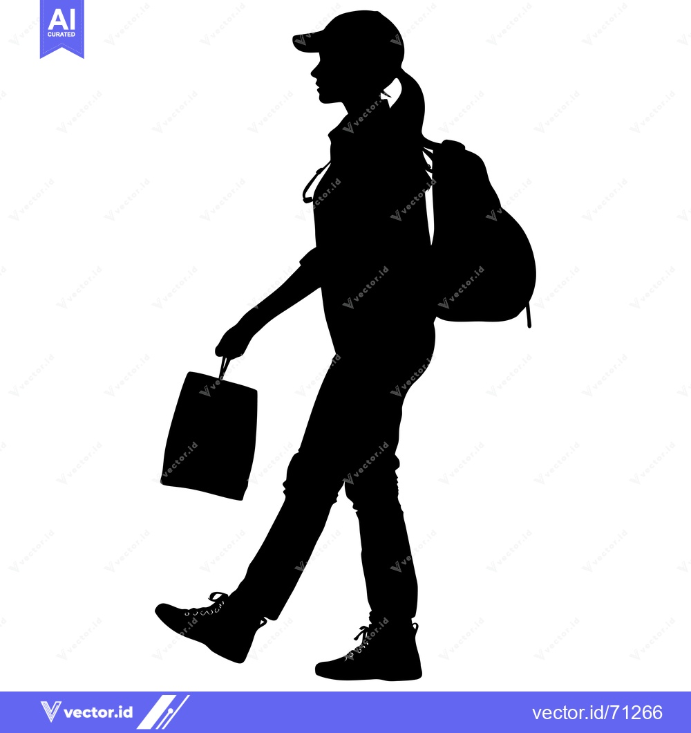 Premium Vector dari Silhouette of a Woman Walking with a Backpack and a Bag