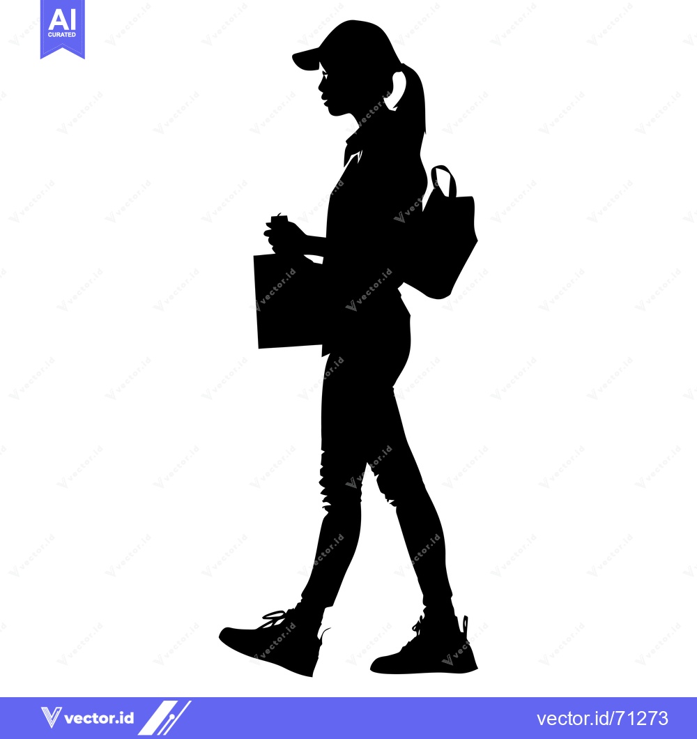 Premium Vector dari Silhouette of a Woman Walking with a Backpack and a Shopping Bag