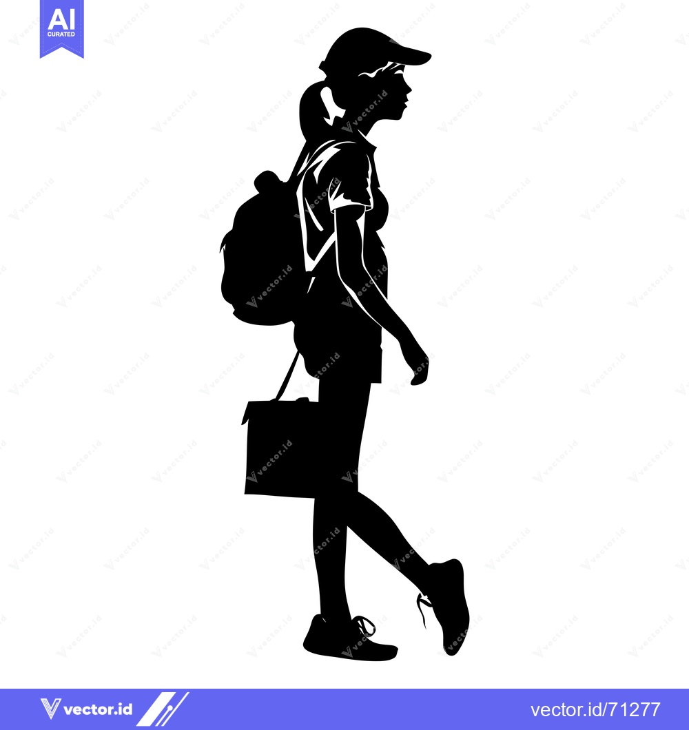 Premium Vector dari Silhouette of a Young Woman Walking with a Backpack and a Briefcase