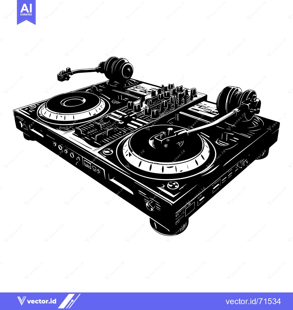 Premium Vector of Black and White Illustration of a DJ Mixer with Turntables and Headpho
