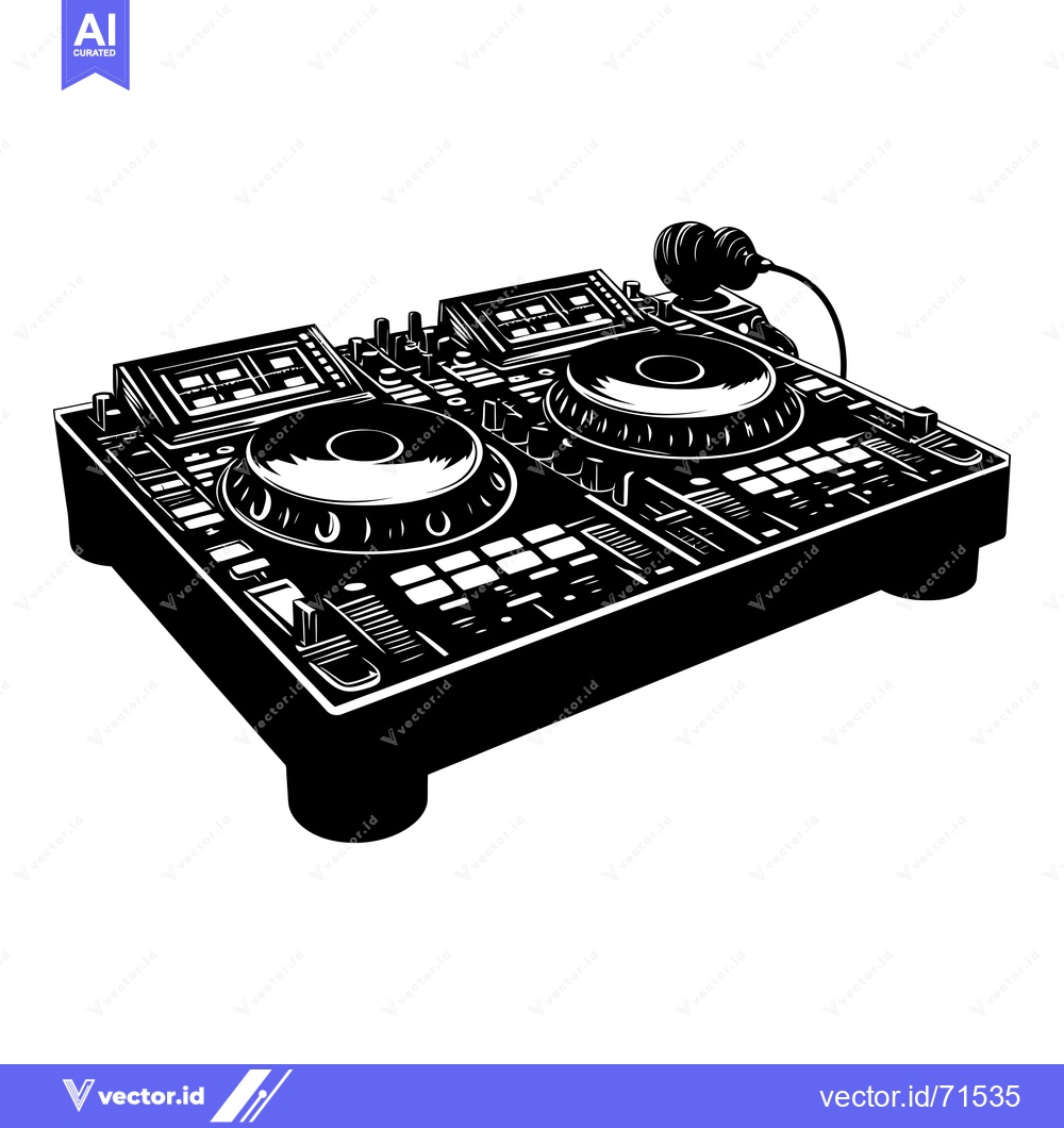 Premium Vector dari Black and White Illustration of a DJ Mixer with Two Turntables
