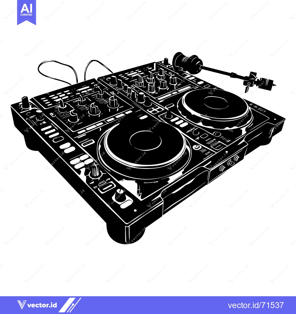 Premium Vector dari Black and White Silhouette of a DJ Mixer with Turntables