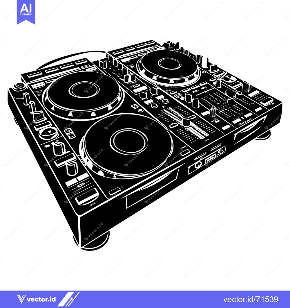 Premium Vector of Black and White Illustration of a DJ Mixer with Two Turntables