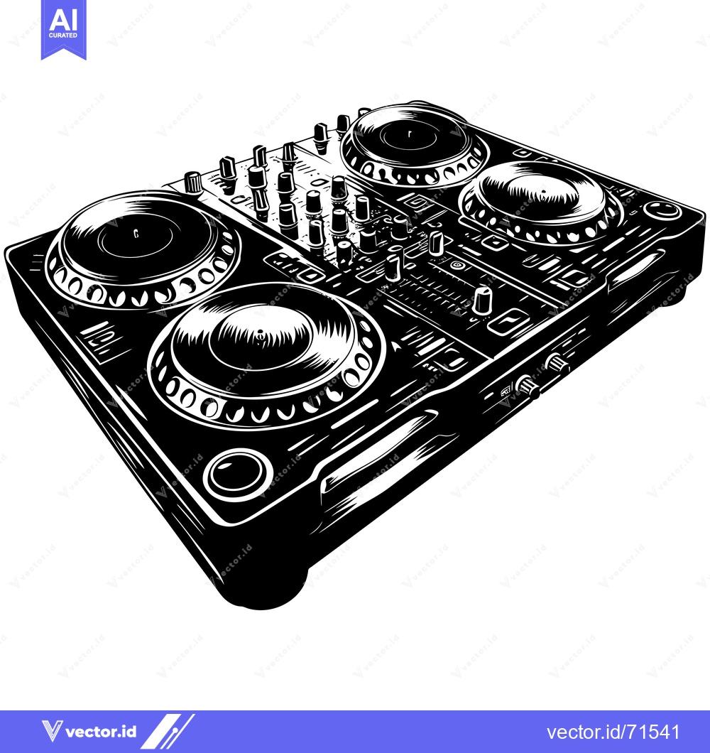 Premium Vector dari Black and White Illustration of a DJ Mixer with Turntables