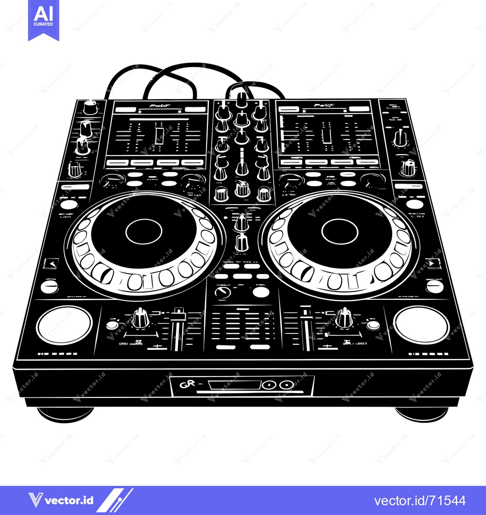 Premium Vector of Black and white illustration of a DJ mixer with two turntables