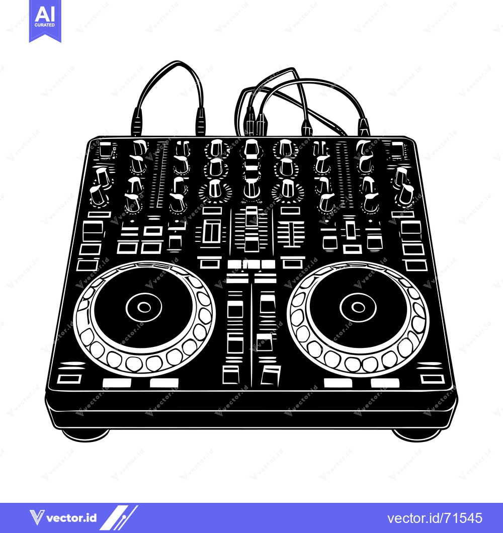 Premium Vector of Black and White Illustration of a DJ Mixer with Two Turntables