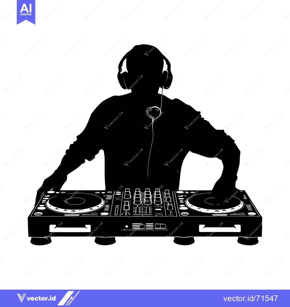 Premium Vector of Silhouette of a DJ with headphones mixing music on a mixer
