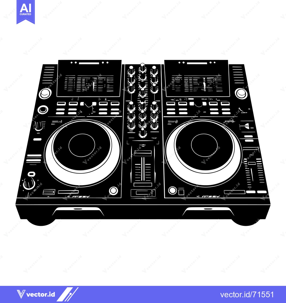 Premium Vector dari A Black and White Silhouetted DJ Mixer with Two Turntables