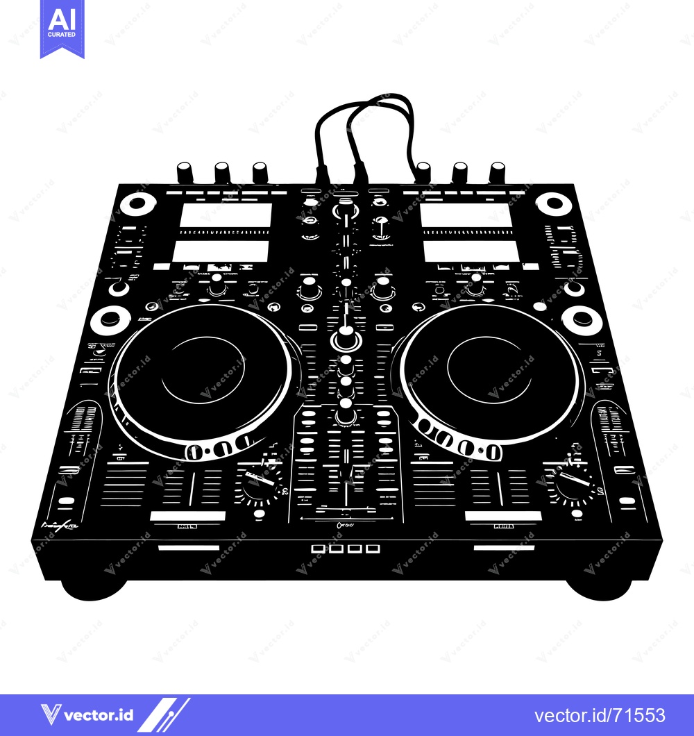 Premium Vector of Black and White Illustration of a DJ Mixer with Two Turntables