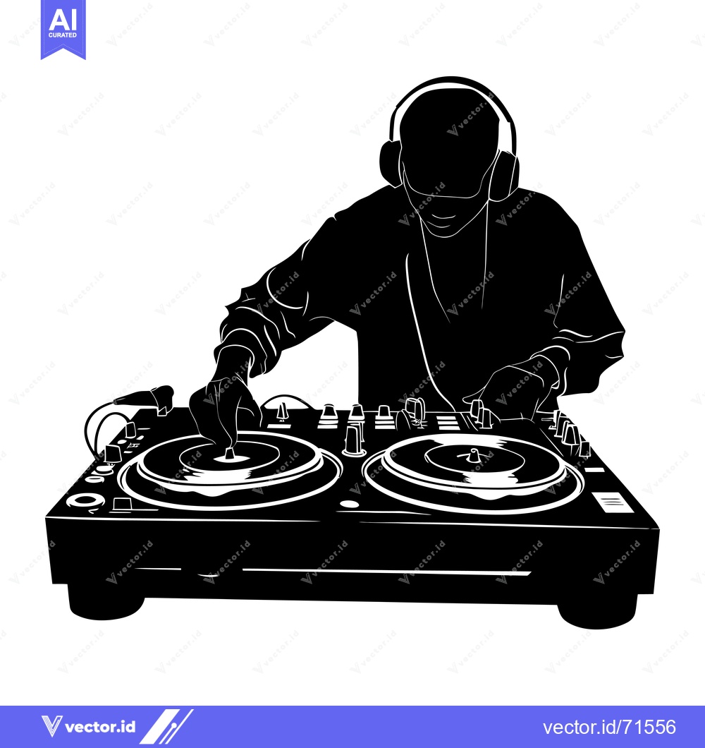 Premium Vector dari Silhouette of a DJ with Headphones Mixing Music on a Turntable
