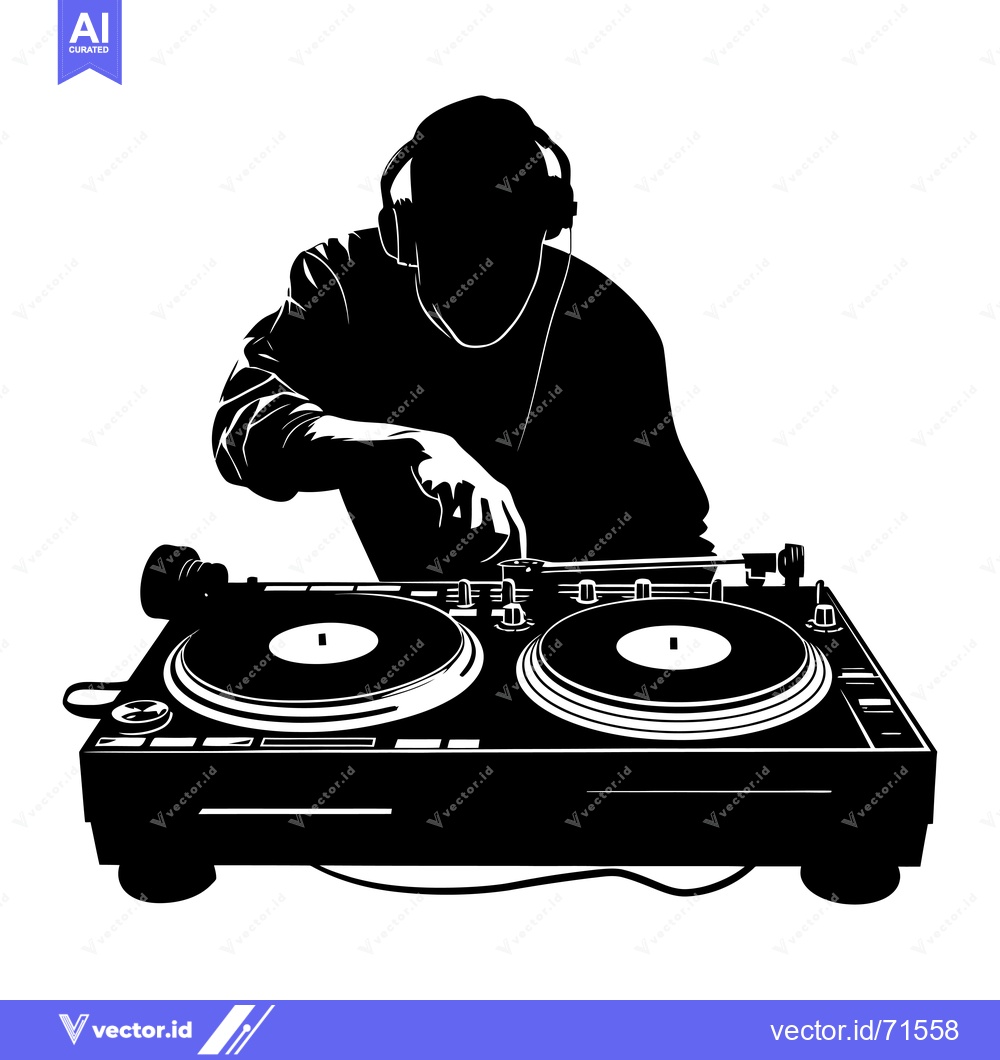 Premium Vector dari DJ silhouette with headphones mixing on a turntable